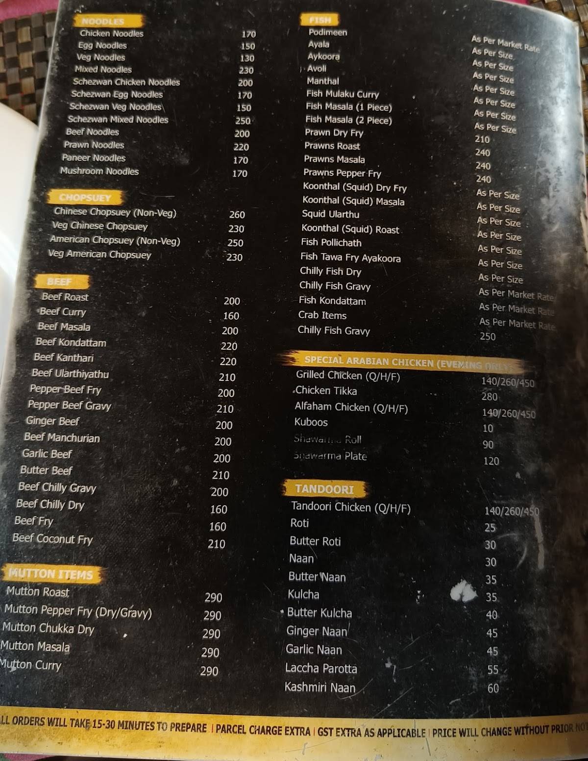 MALABAR RESTAURANT menu