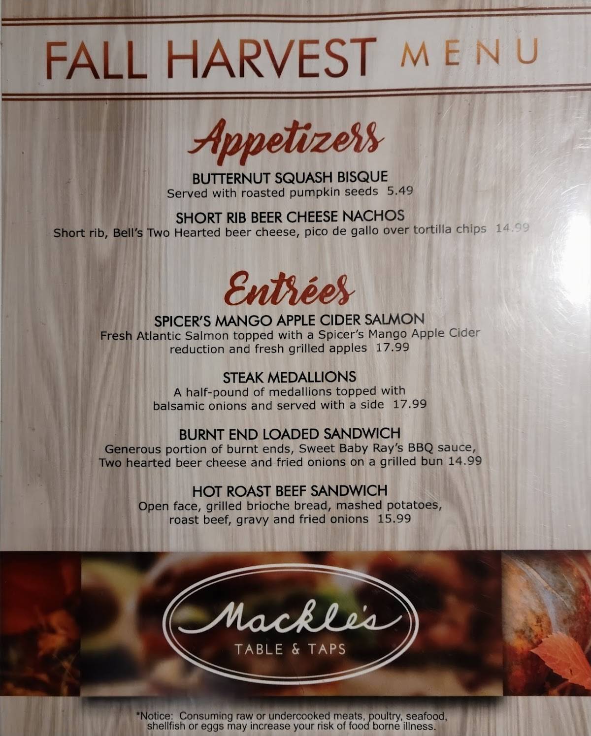 Menu at Mackle's Table and Taps pub & bar, Hartland