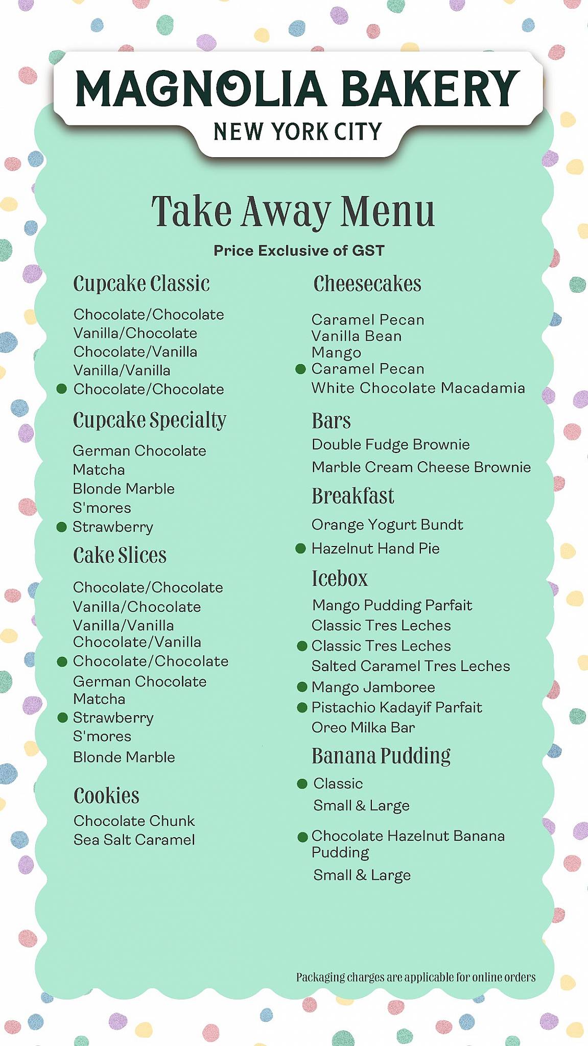 Magnolia Bakery menu