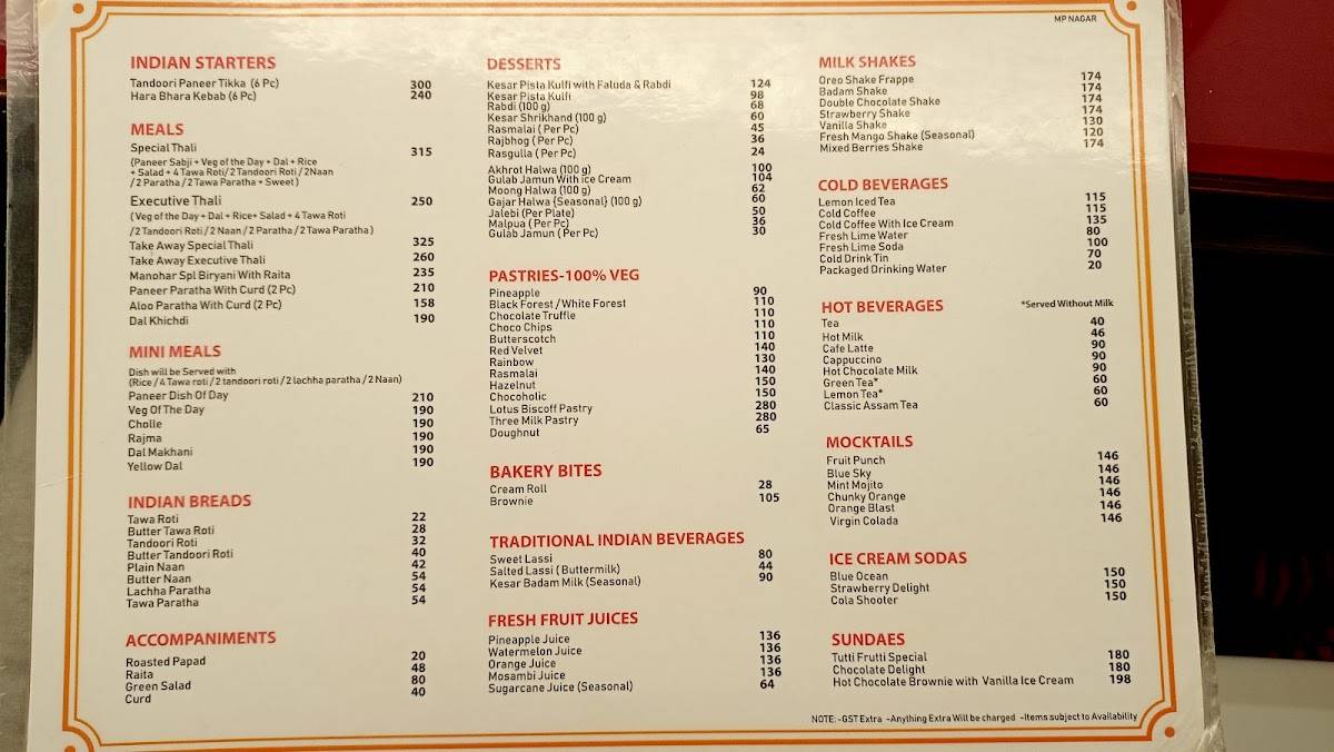 Manohar Dairy & Restaurant - MP Nagar menu