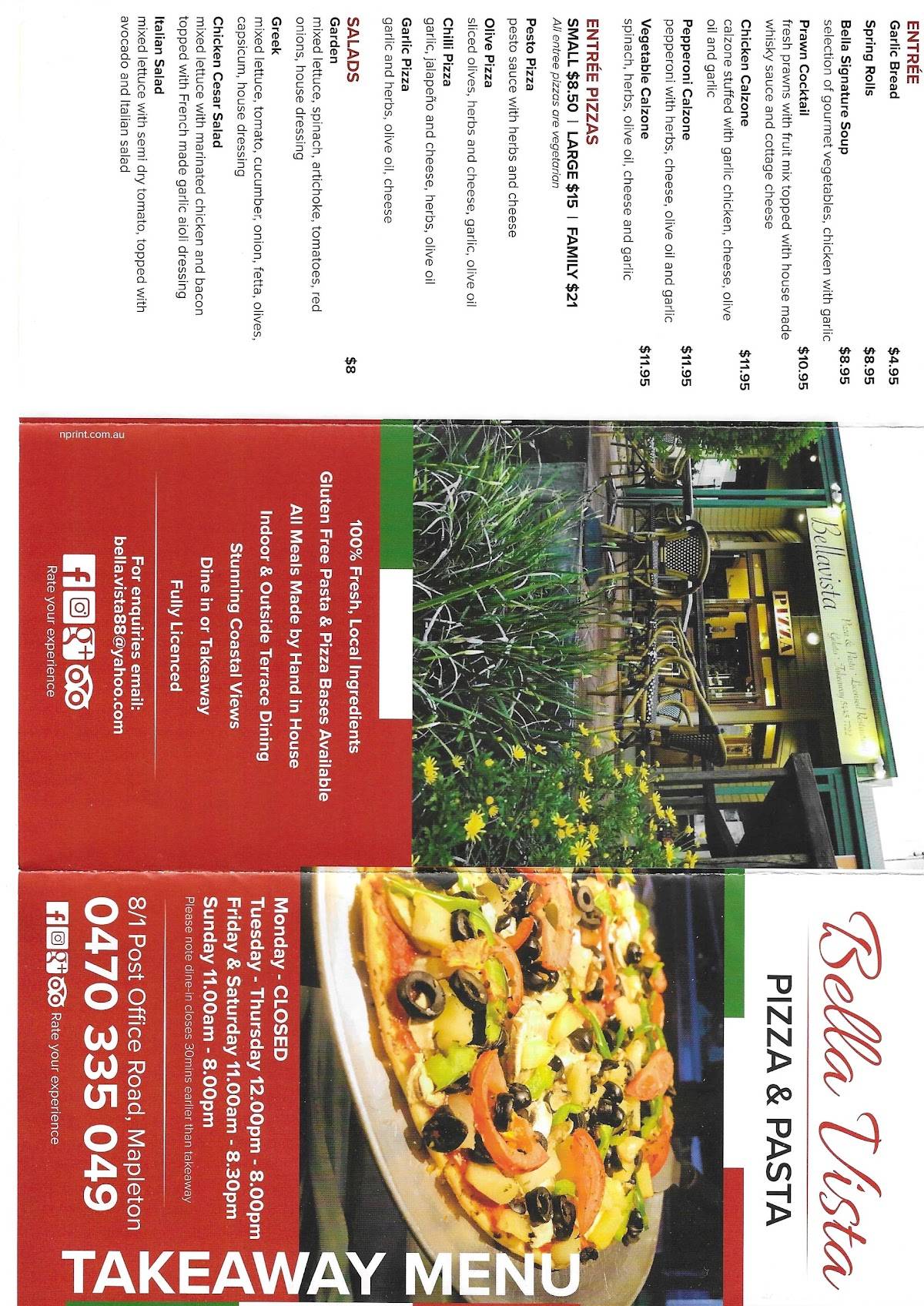 Menu at Bella Vista Pizza & Pasta pizzeria, Mapleton