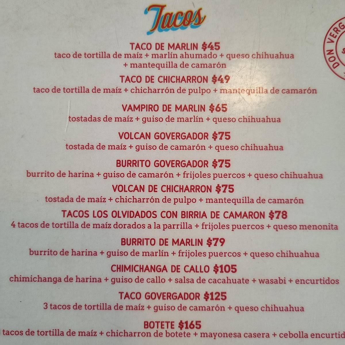 Menu at Mariscos Don Vergas restaurant, Guadalajara