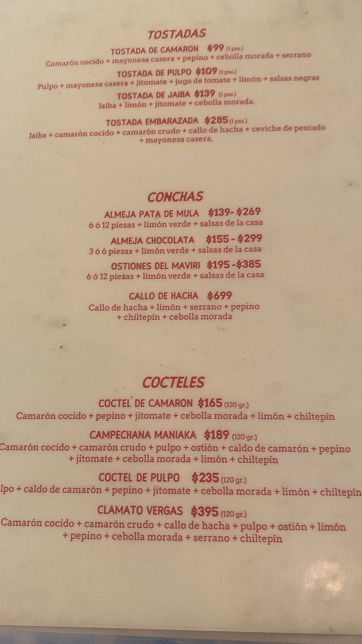 Menu at Mariscos Don Vergas restaurant, Guadalajara