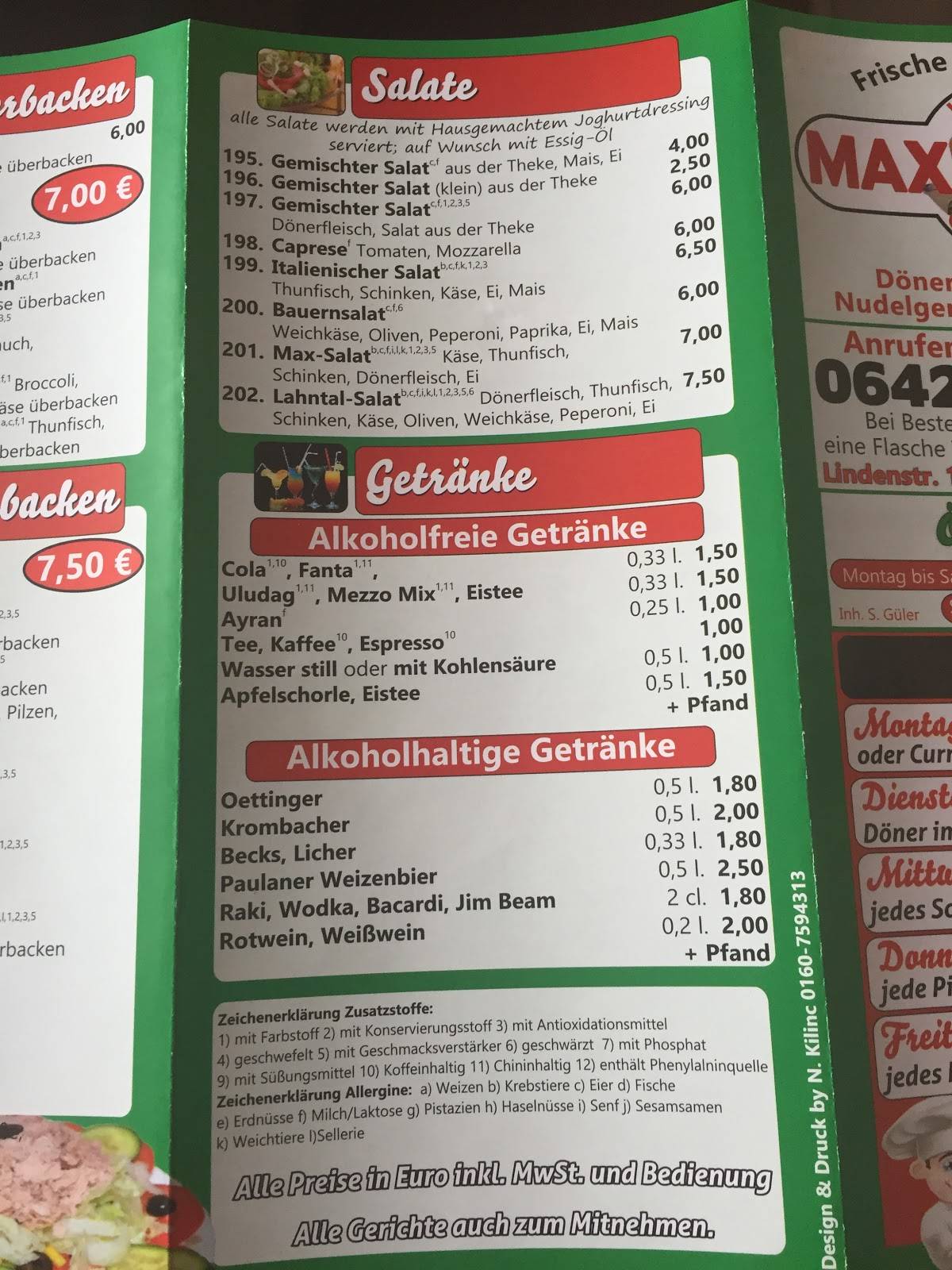Speisekarte von Max Döner pizza, Lahntal