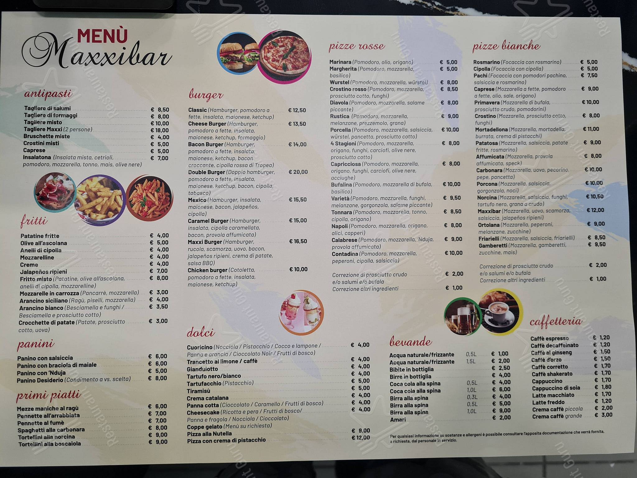 Menu per Maxxibar ristorante