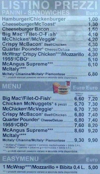 Menu di McDonald's Milano Sabotino 