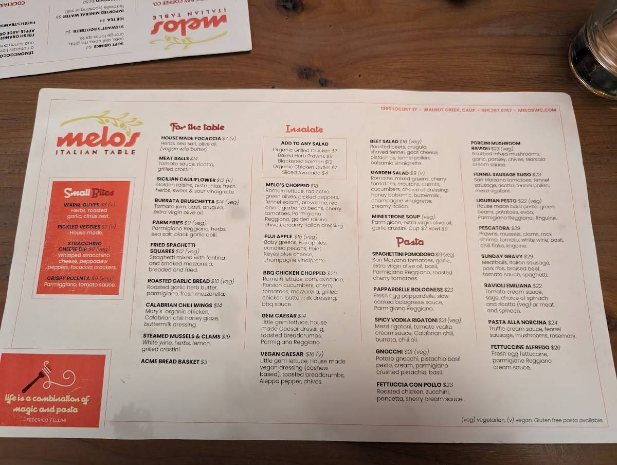 Menu at Melo's Italian Table restaurant, Walnut Creek
