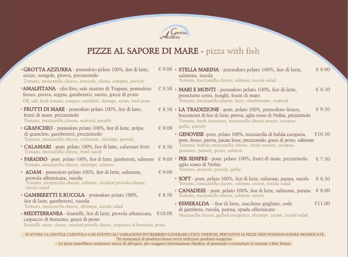 Menu di Pizzeria Grotta Azzurra 