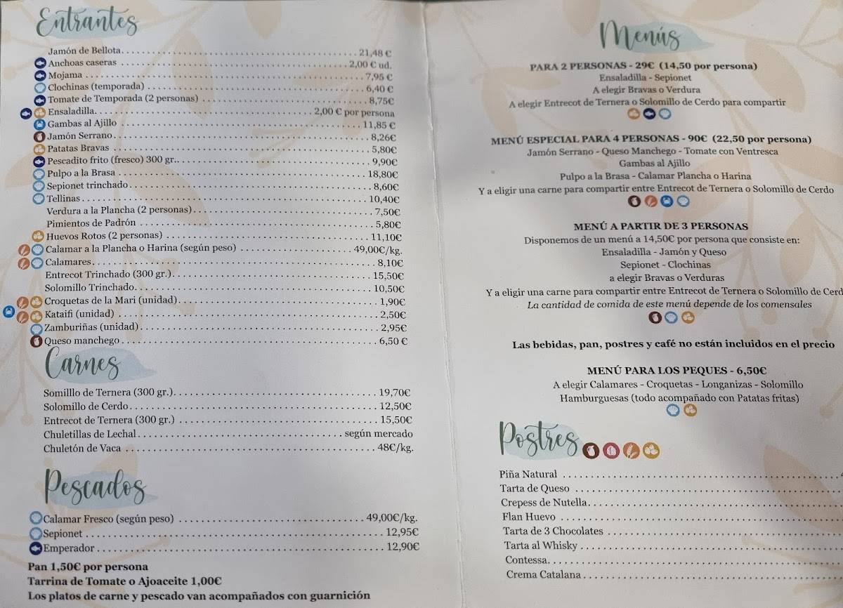 Carta del restaurante Mesón Narciso, Puerto del Sagunto, Cataluña 1