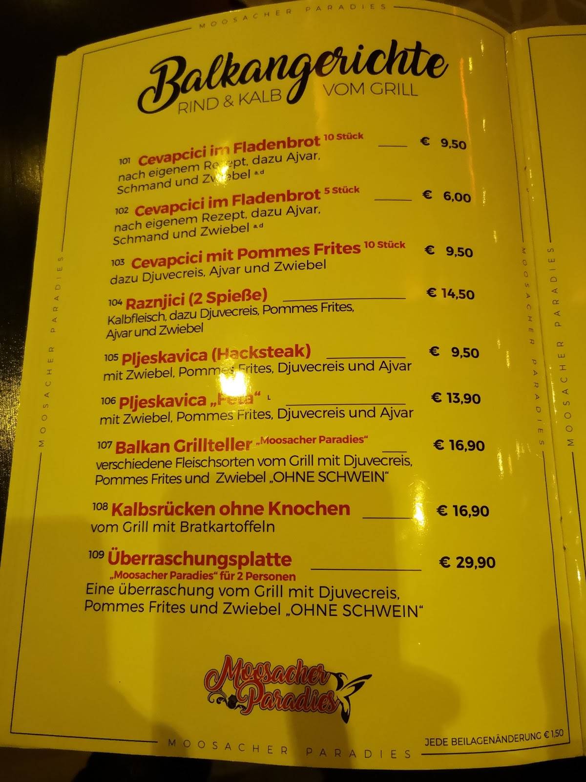 Menu at Moosacher Paradies restaurant, Munich