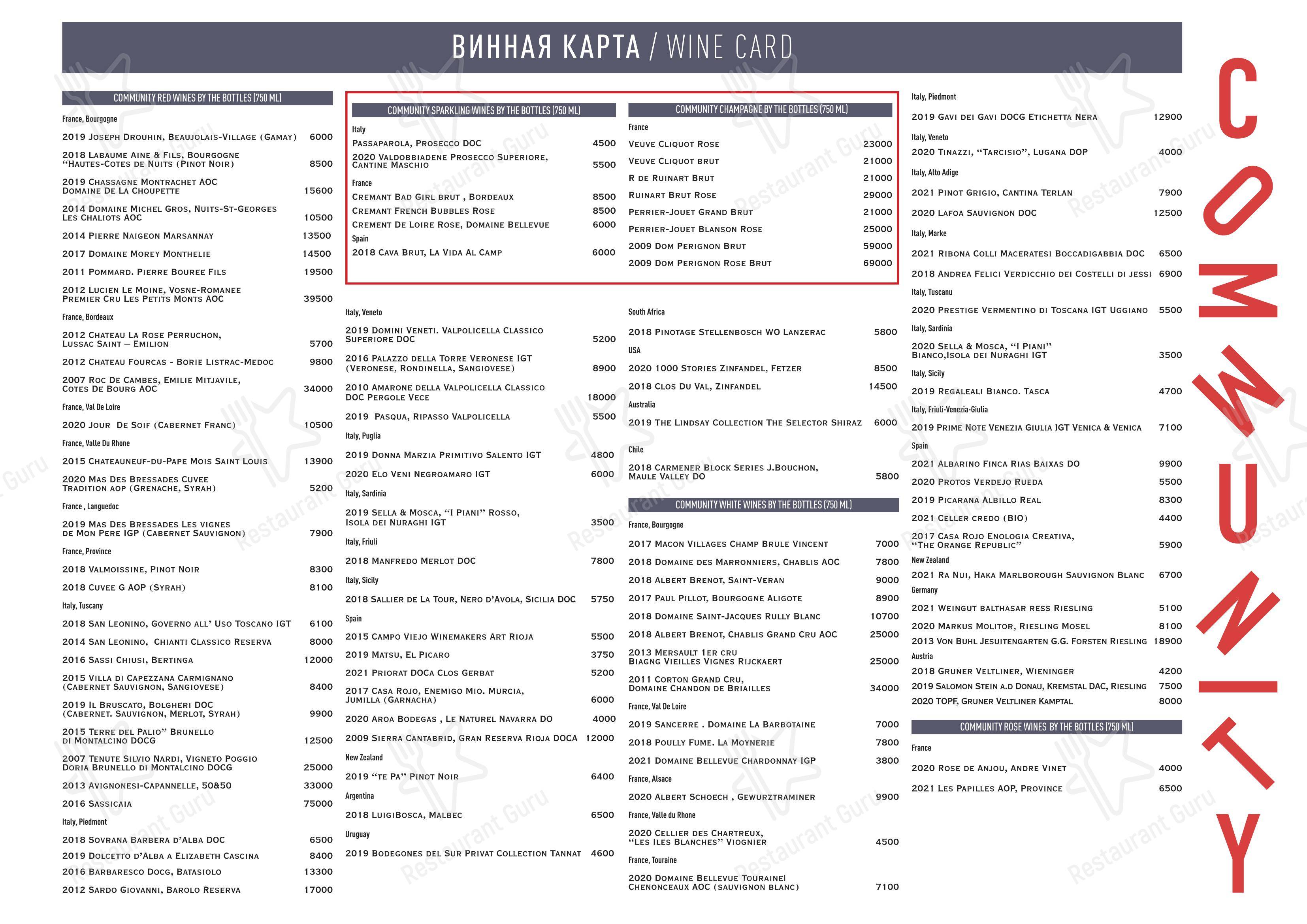 Menu pour Community - plats et boissons