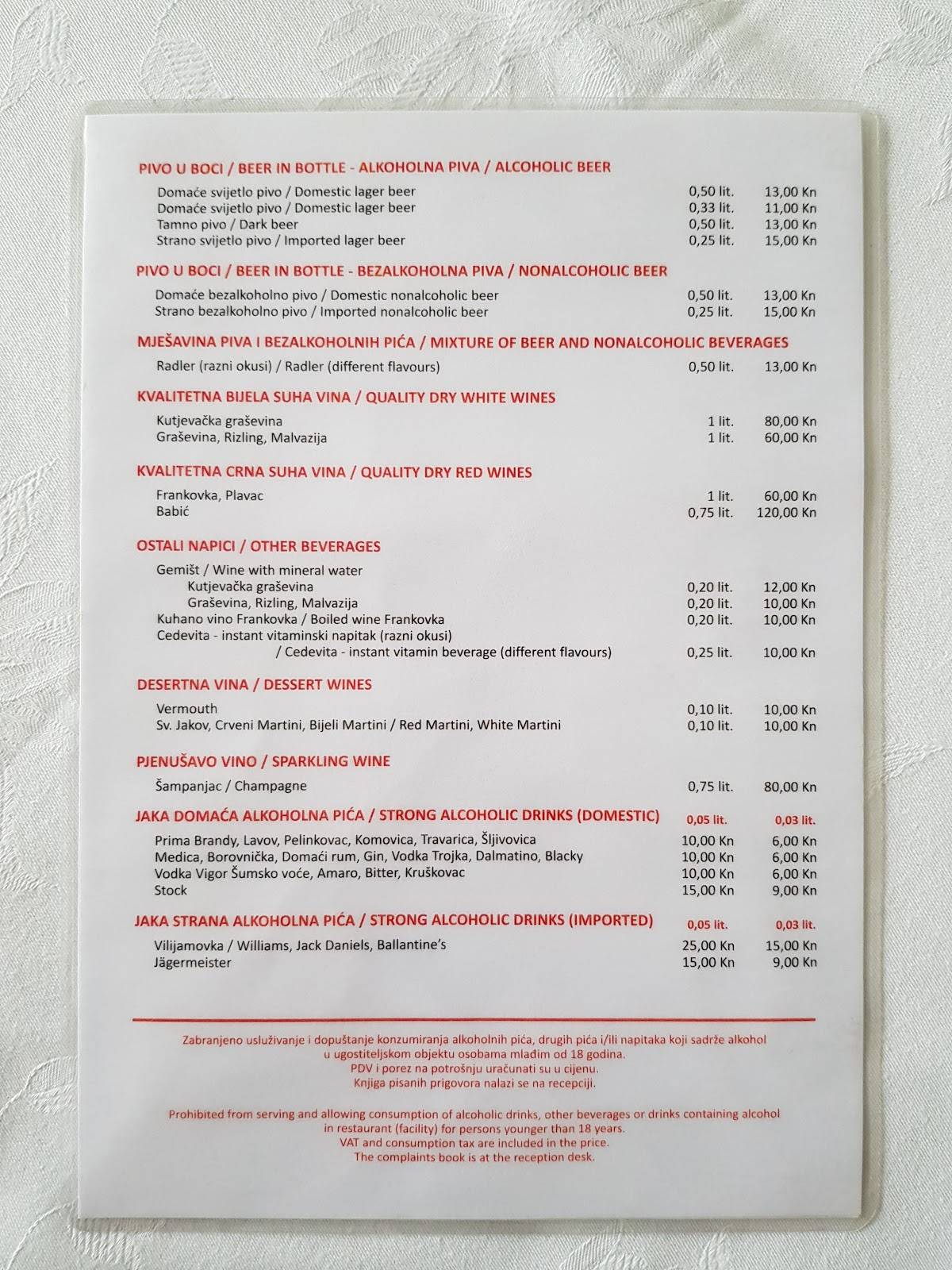 Menu di Motel Roganac 