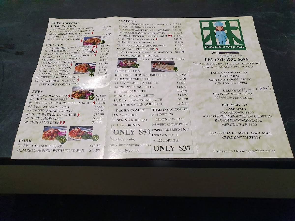 Menu at Mrs Lin's Kitchen restaurant, Adamstown