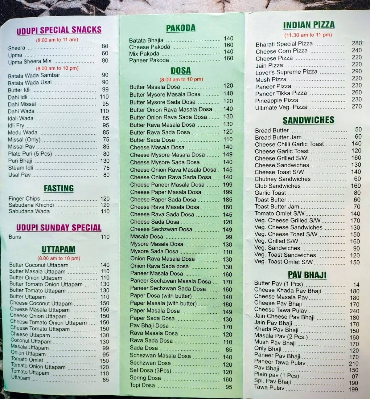 Bharati veg treat marol menu