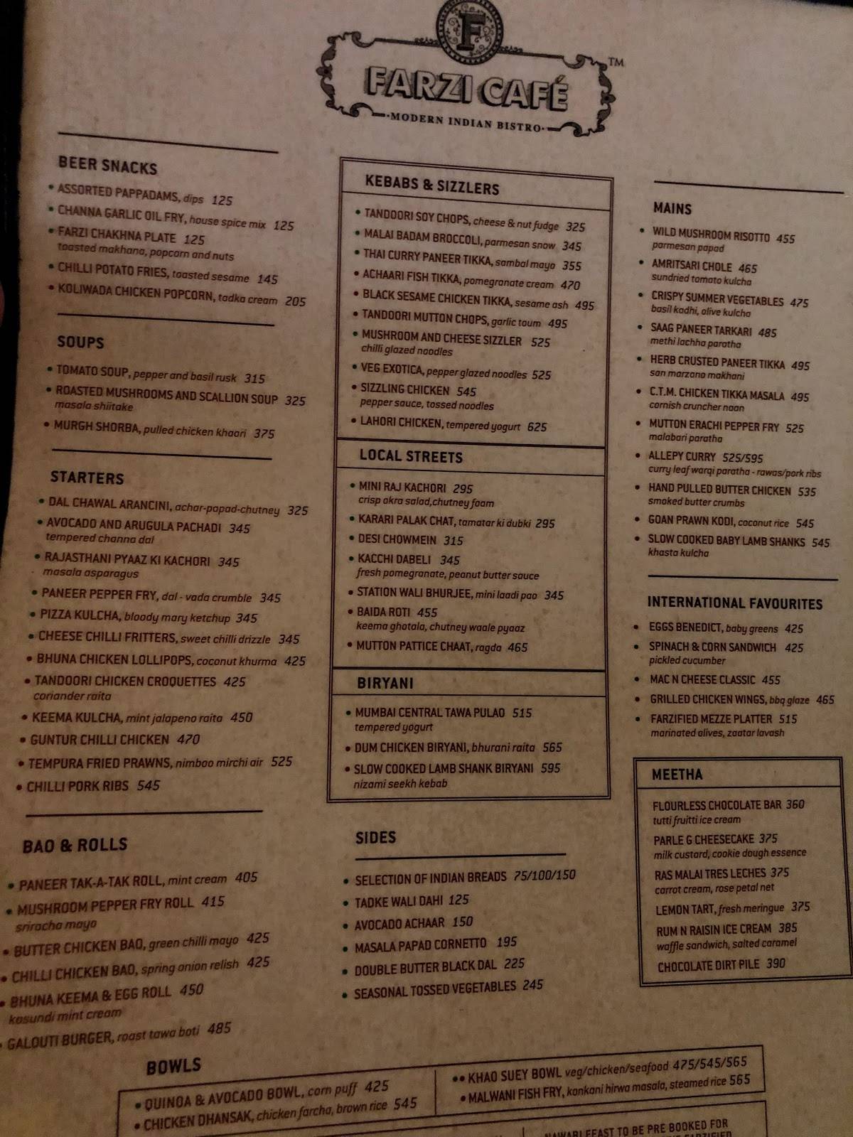 Menu At Farzi Cafe Mumbai Unit No 2