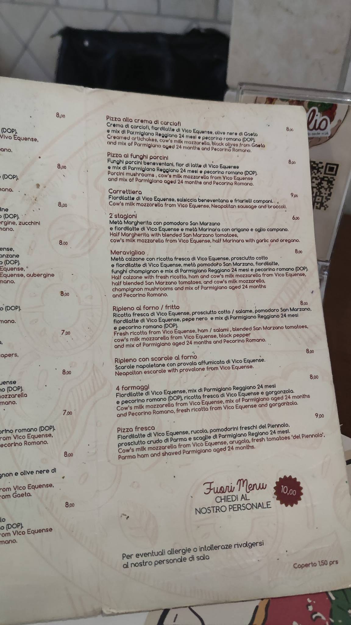 Menu de Pizzeria Da Attilio