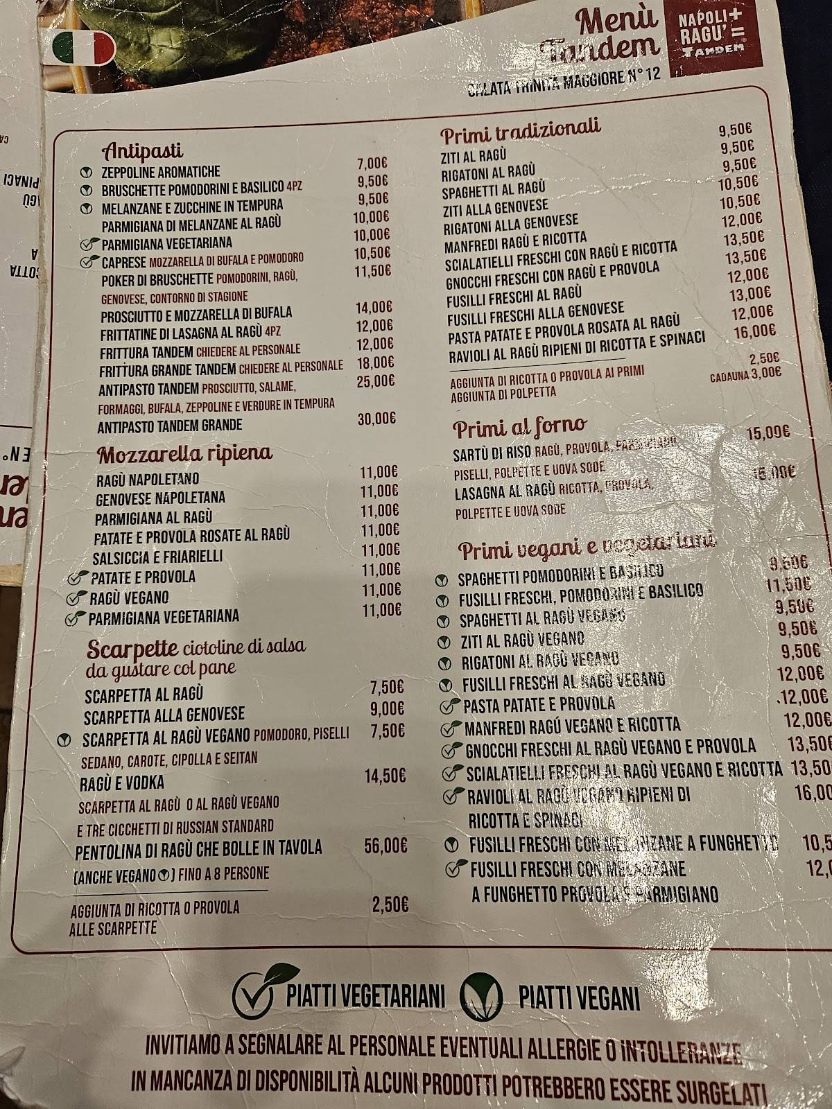 Menu di Tandem Ragù - Via Paladino 