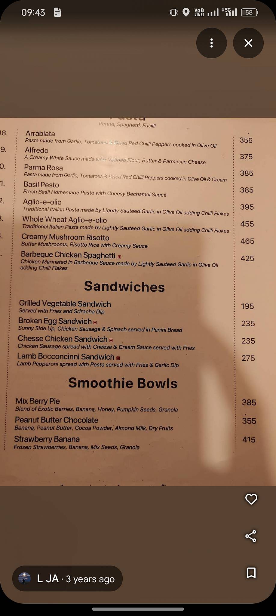 Napoli Jaipur menu