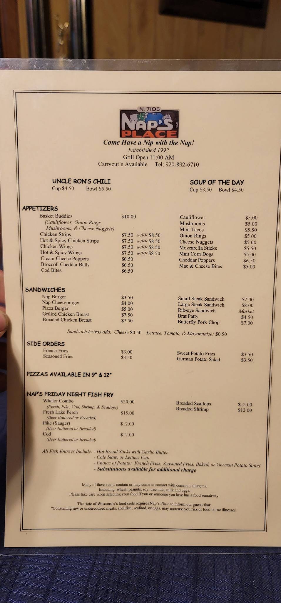 Menu at Nap's Place pub & bar, Plymouth