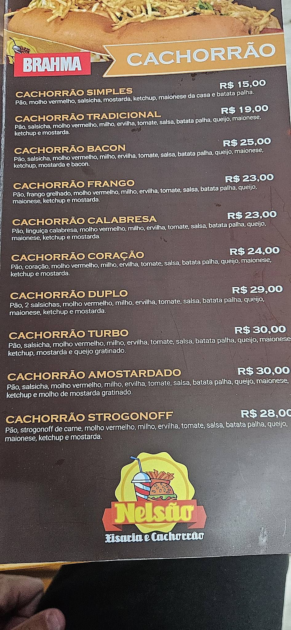 Nelsão Xisaria E Cachorrão cardápio