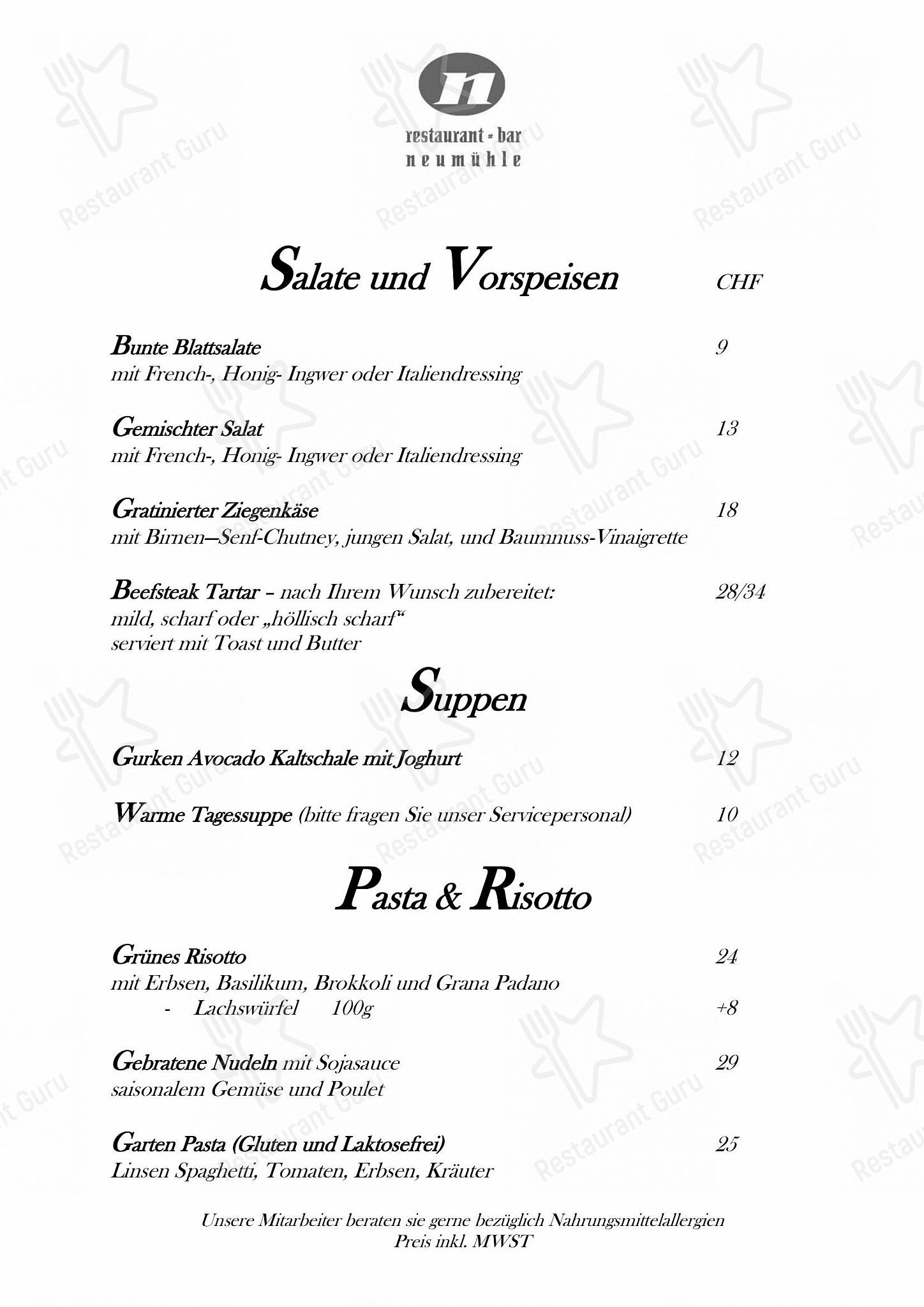 Carte menu per Neumühle in Baar