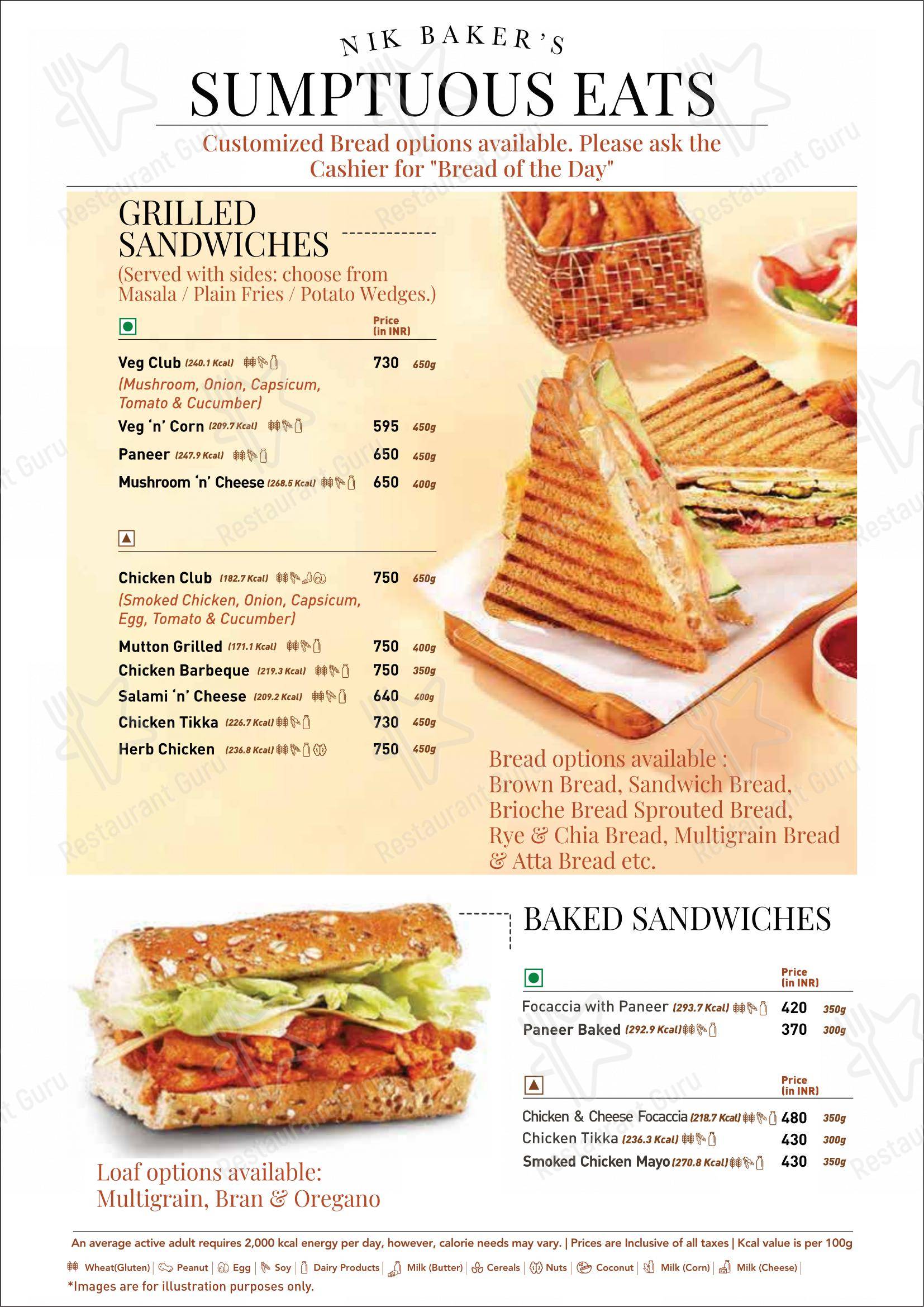 Menu bar for Nik Bakers Sun View in Ayali Kalan