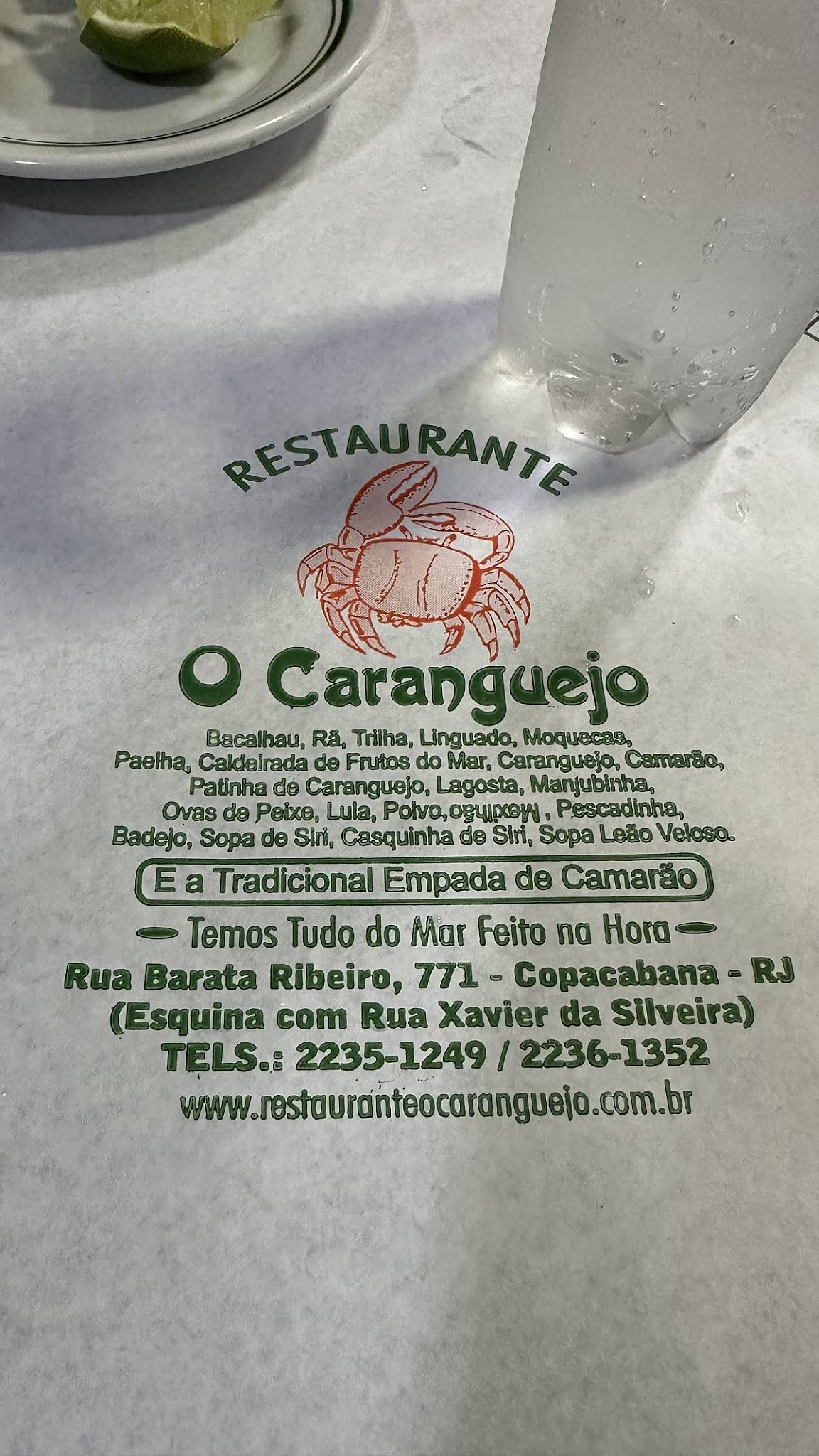 O Caranguejo cardápio
