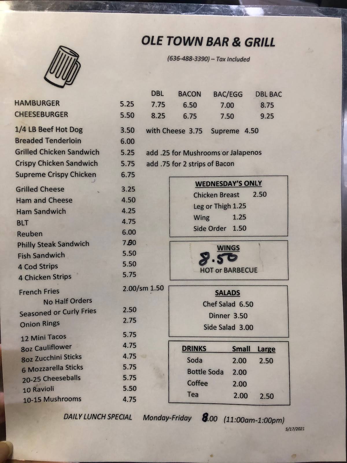 Menu at Ole Town Bar & Grill, Jonesburg