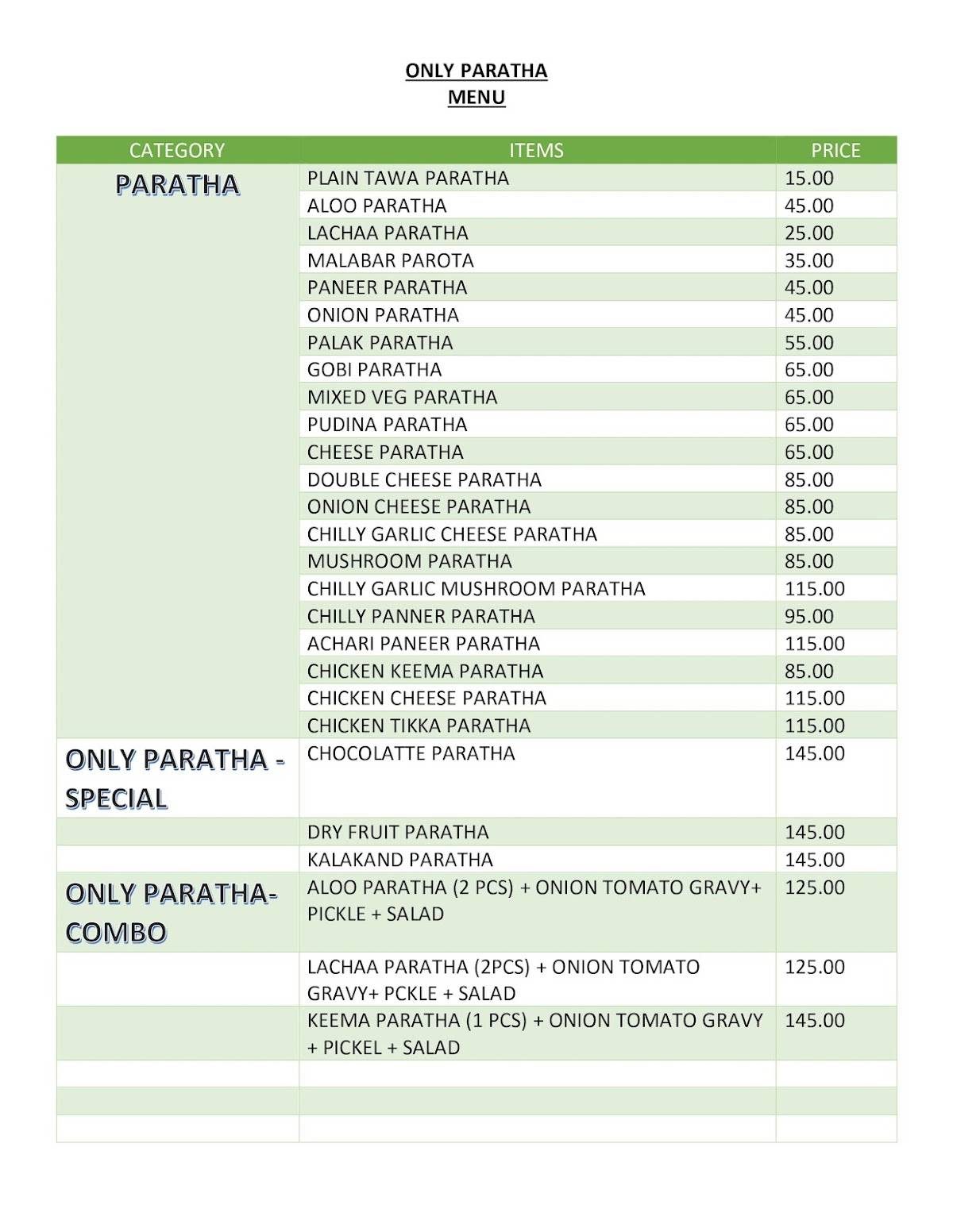Only Paratha menu