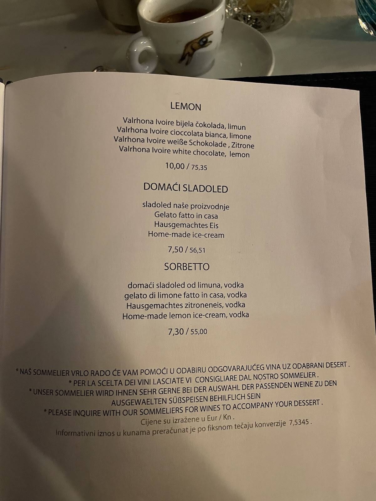 Menu di Plavi podrum 