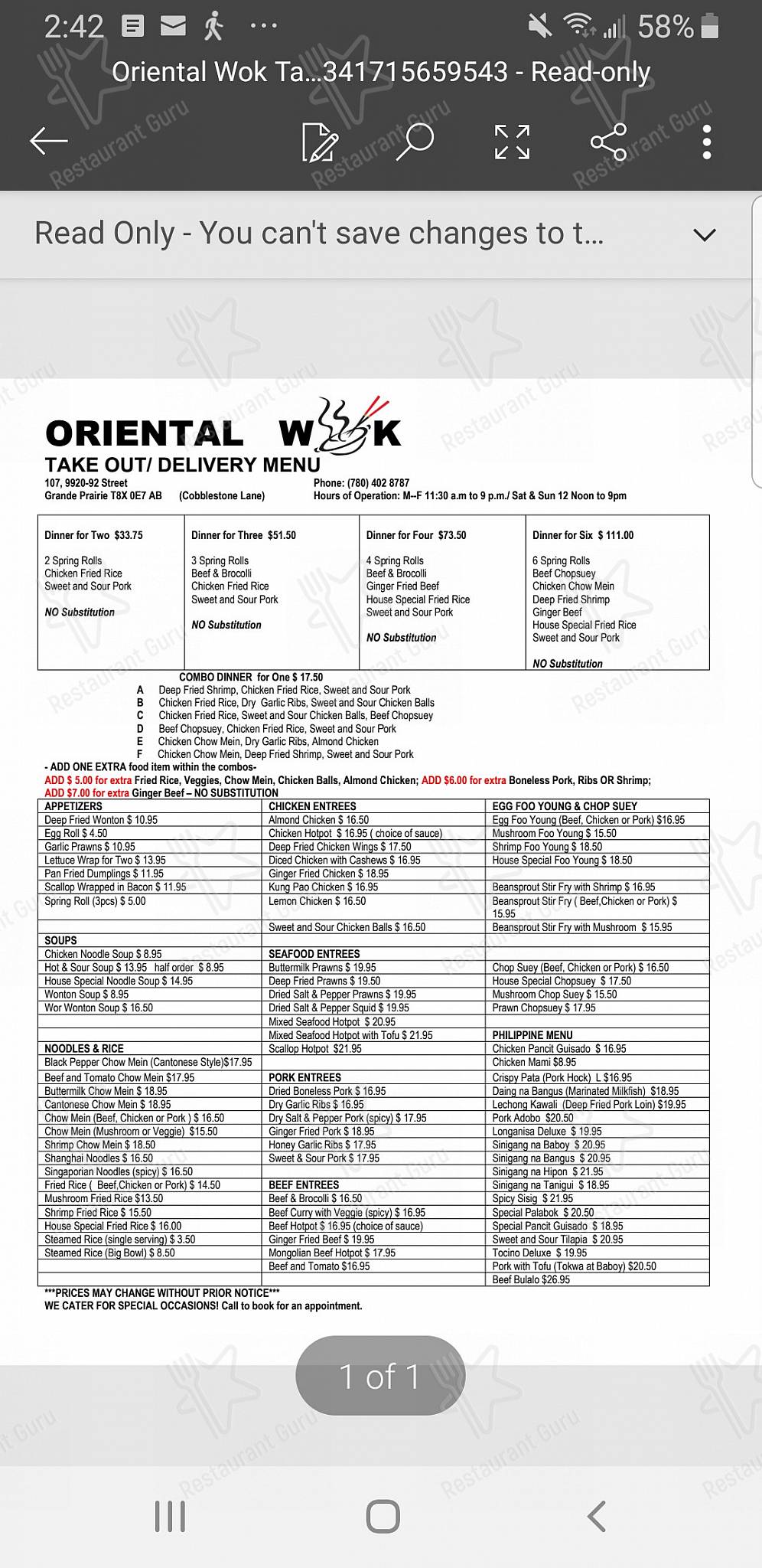 Carta del restaurante Oriental WOK, Matamoros