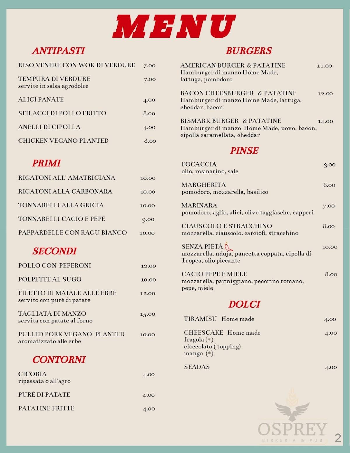 Menu di Osprey Bar Bistrot 