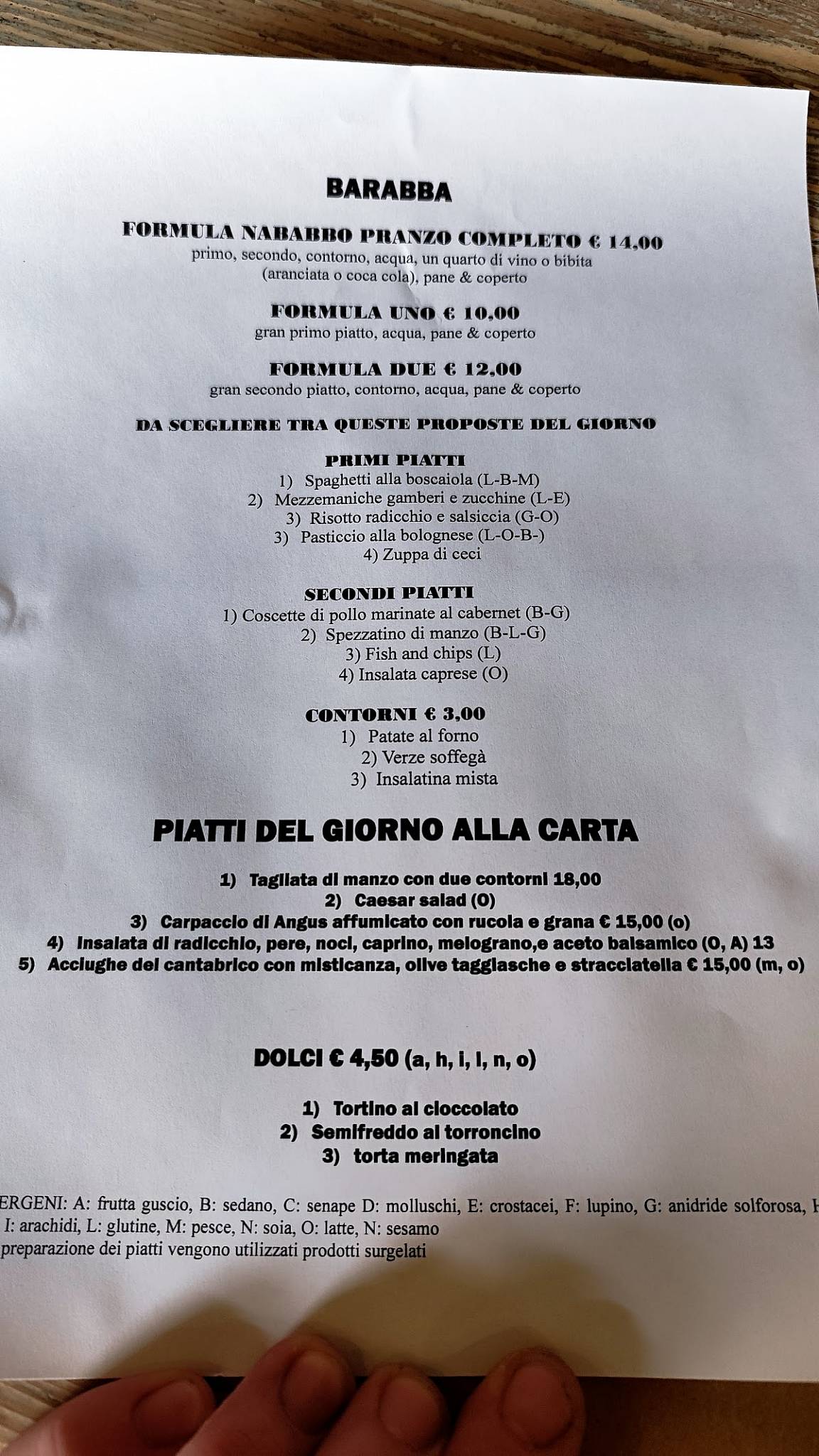 Menu di Osteria Barabba 