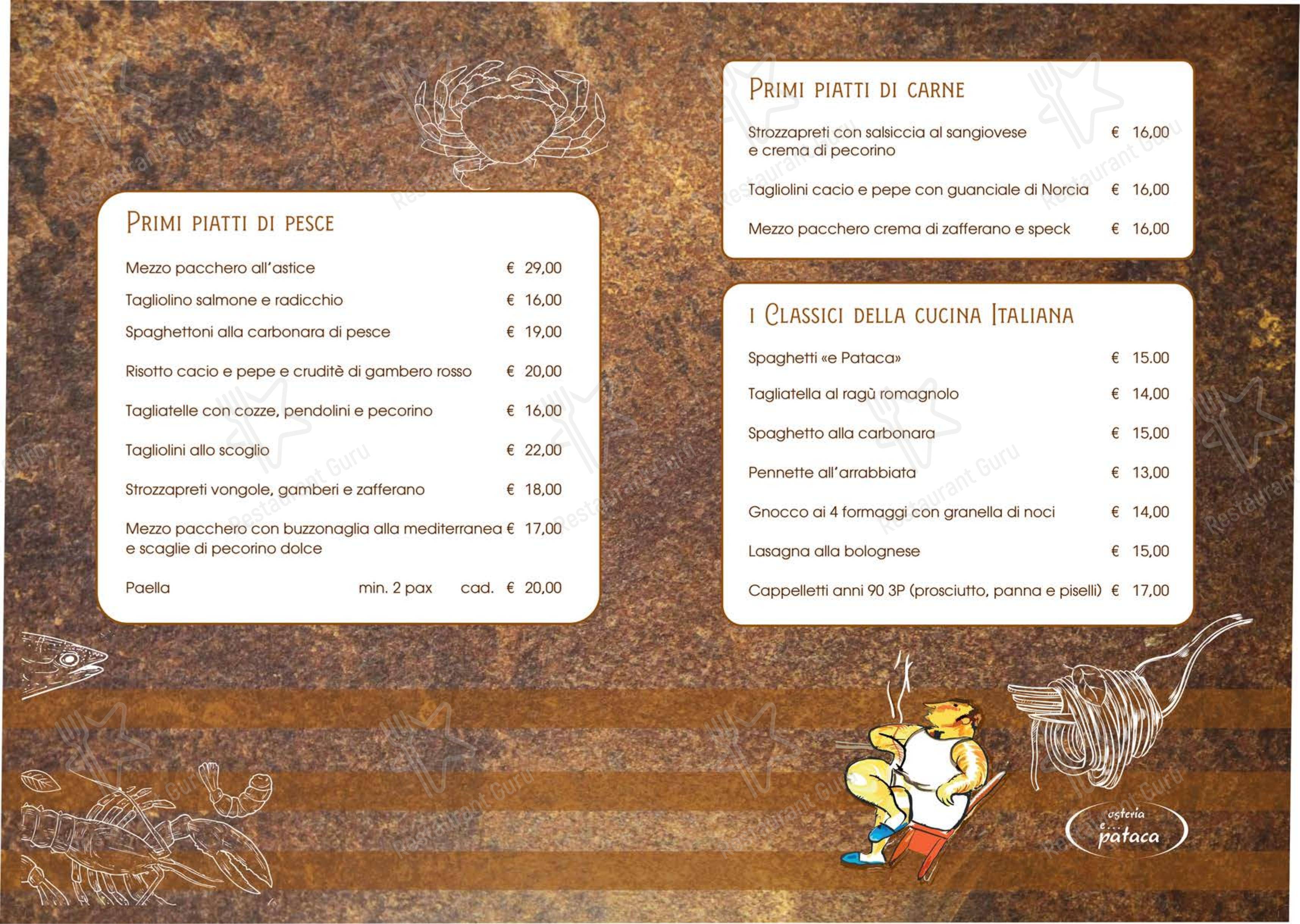 Menu di Osteria e Pataca - Menu bar