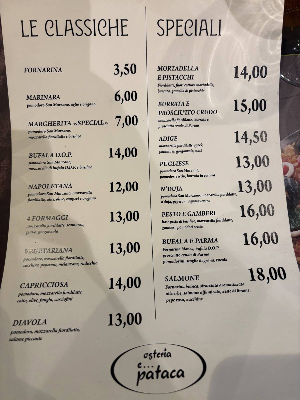 Menu di Osteria e Pataca 