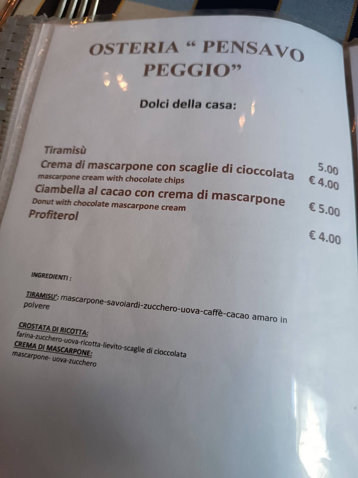 Menu di Osteria "Pensavo Peggio" 