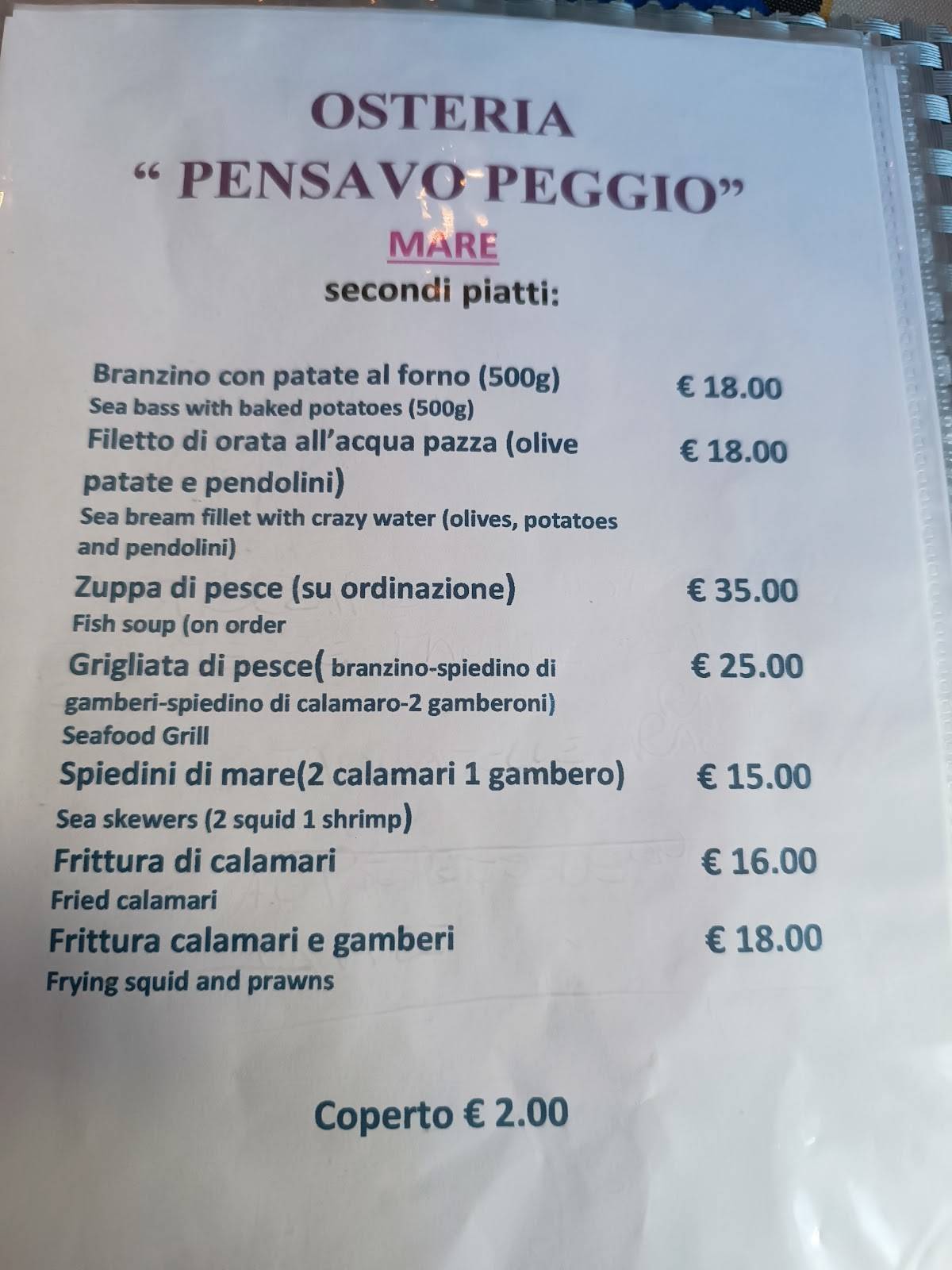 Menu di Osteria "Pensavo Peggio" 