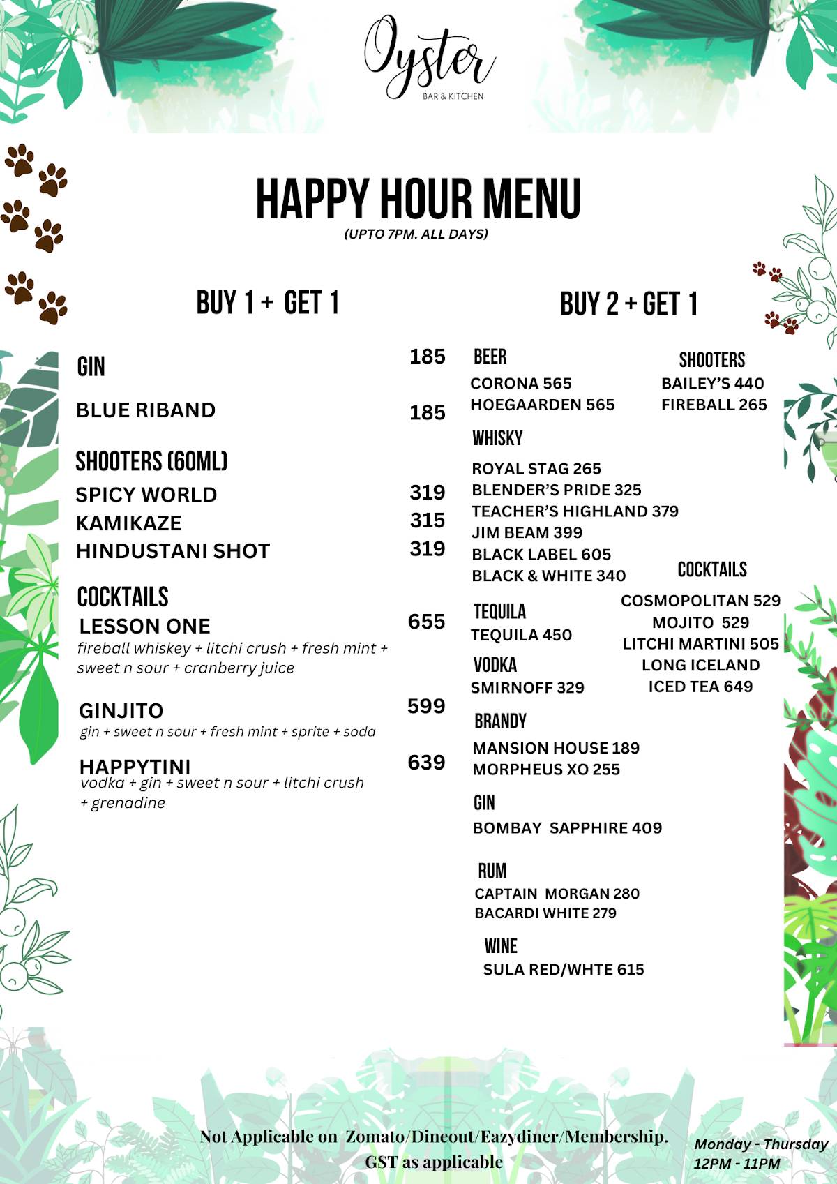 Oyster, Bar & Kitchen menu