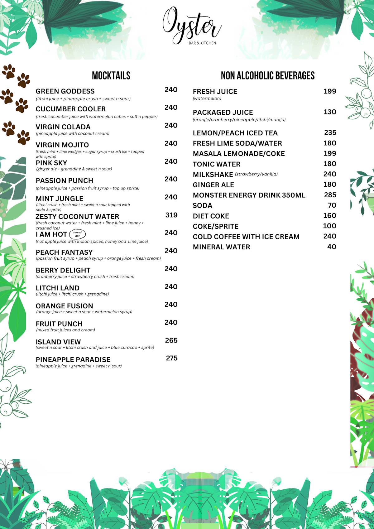 Oyster, Bar & Kitchen menu