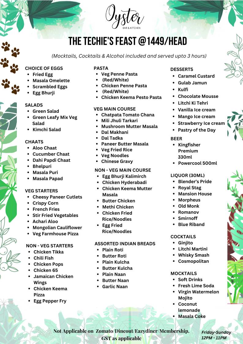 Oyster, Bar & Kitchen menu