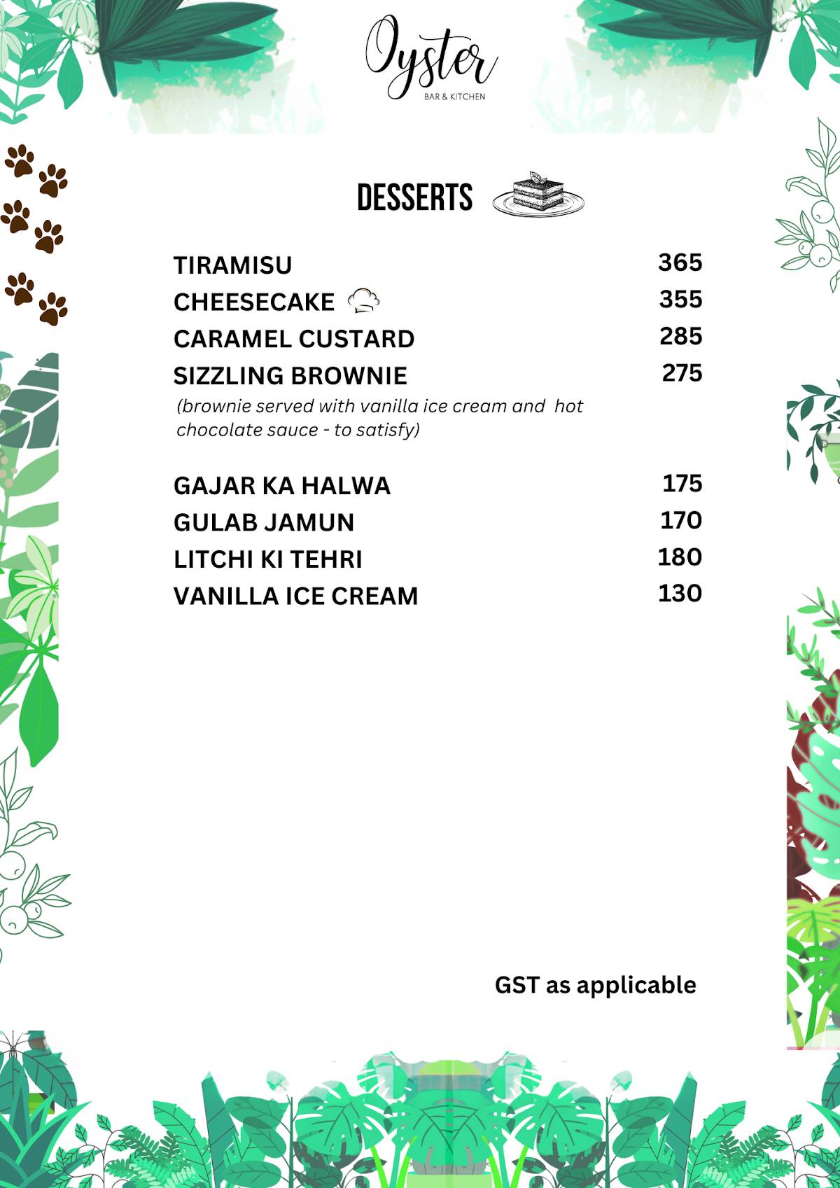 Oyster, Bar & Kitchen menu