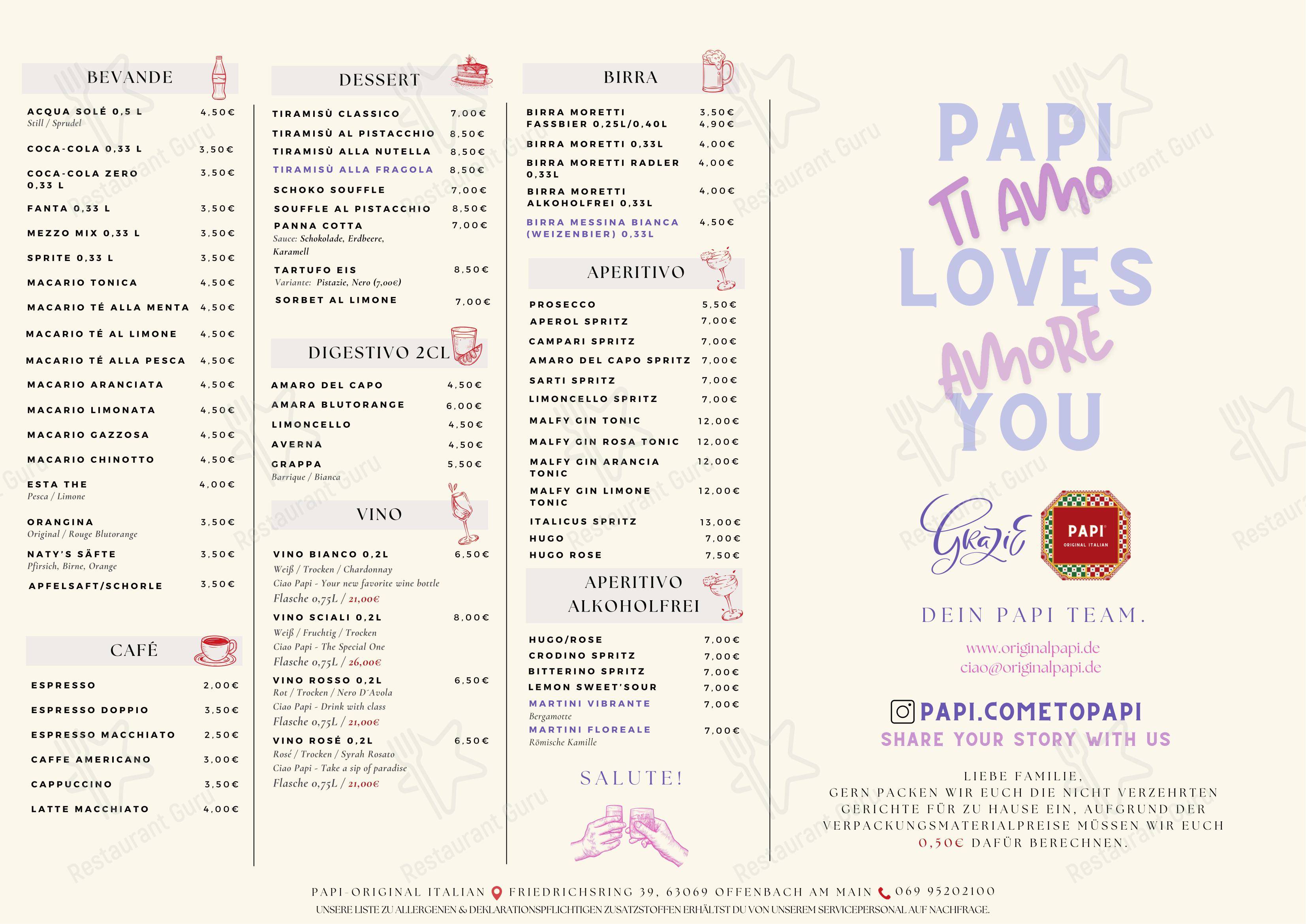 Speisekarte von PAPI-Original Italian pizza, Offenbach am Main