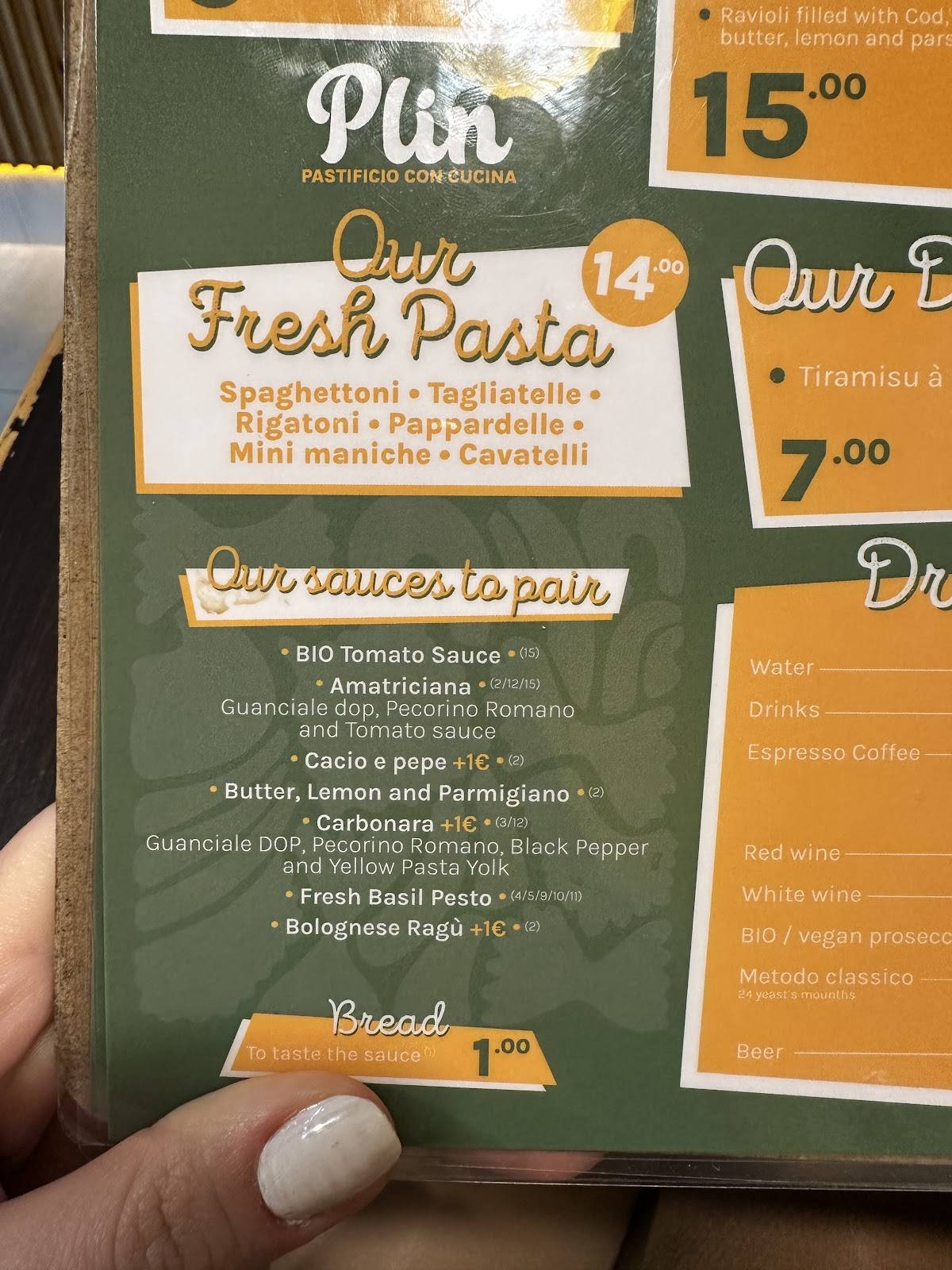 Menu di PLIN Pastificio con Cucina 