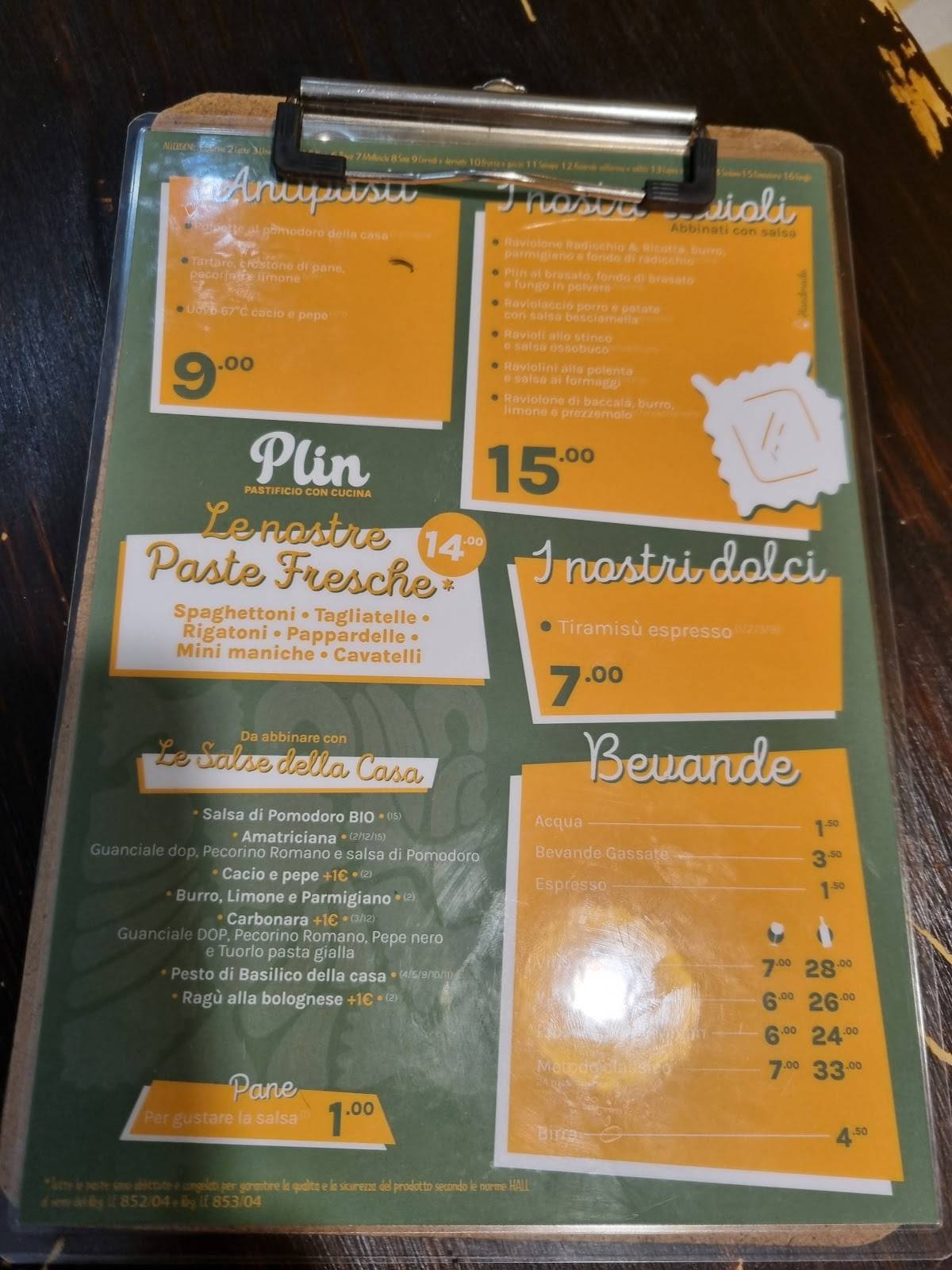 Menu di PLIN Pastificio con Cucina 