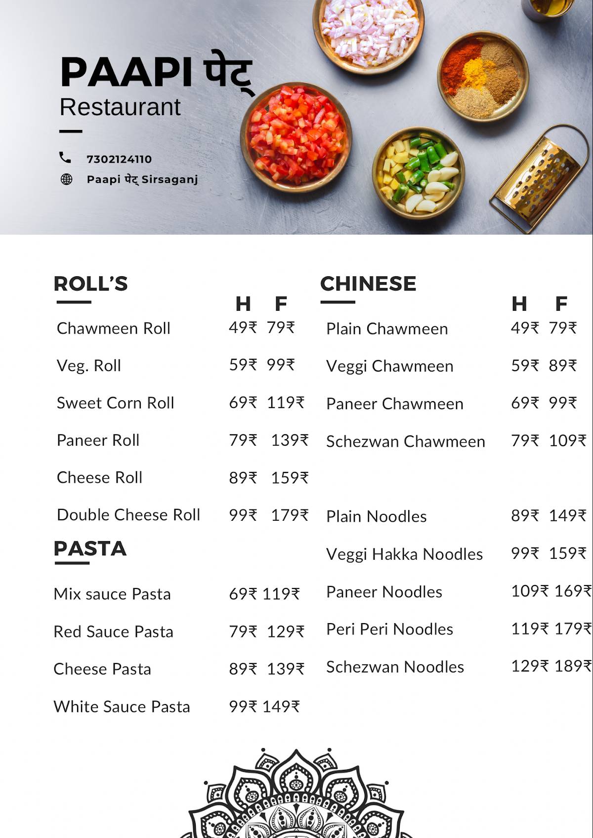 Paapi पेट् Restaurant ( restaurant in Sirsaganj ) menu