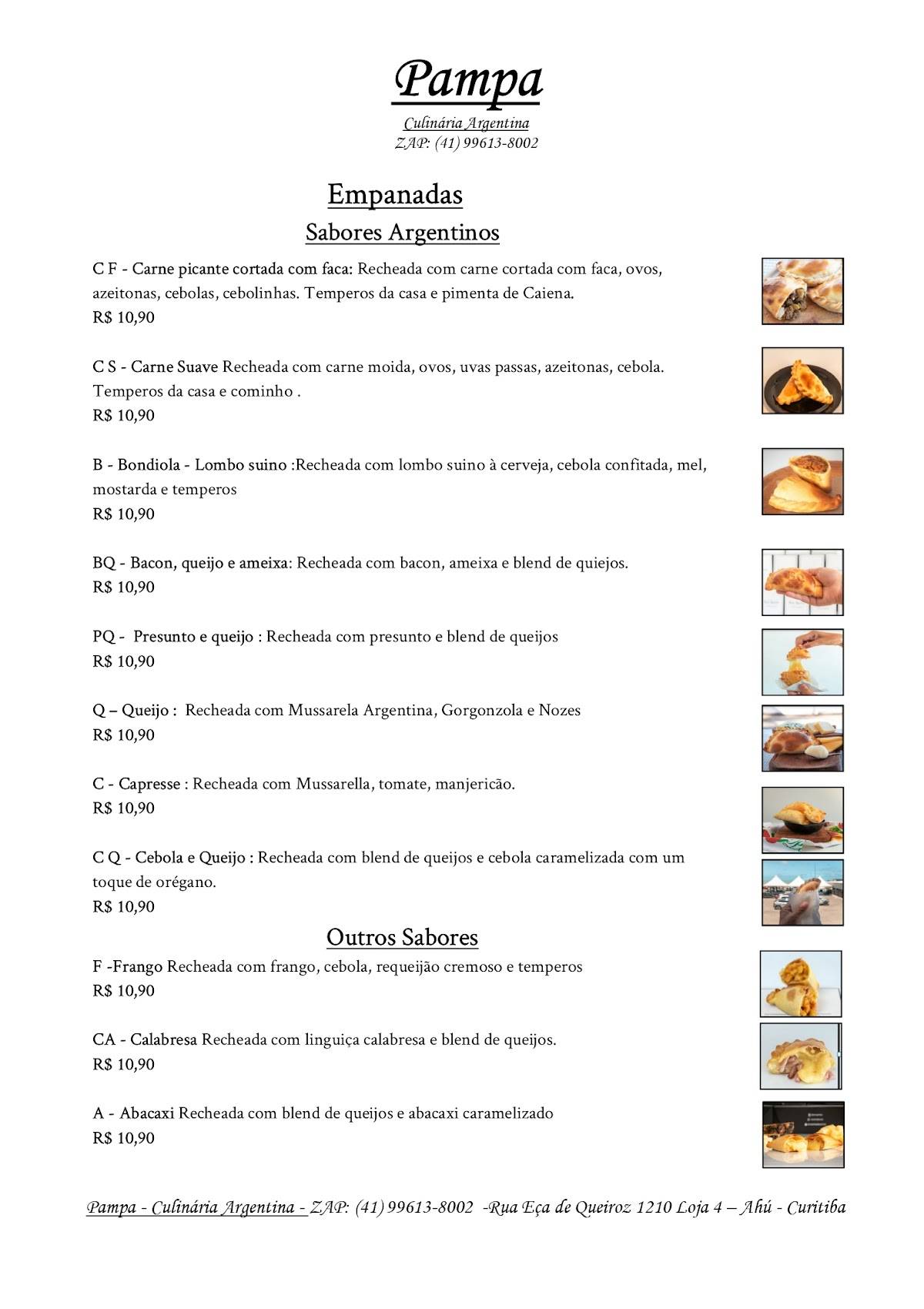 Carta del restaurante Pampa Empanadas Argentinas, Curitiba