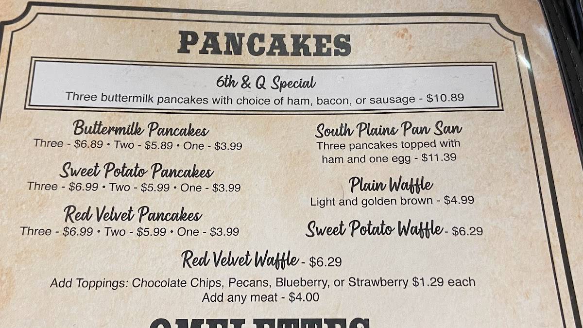Menu at Pancake House restaurant, Lubbock