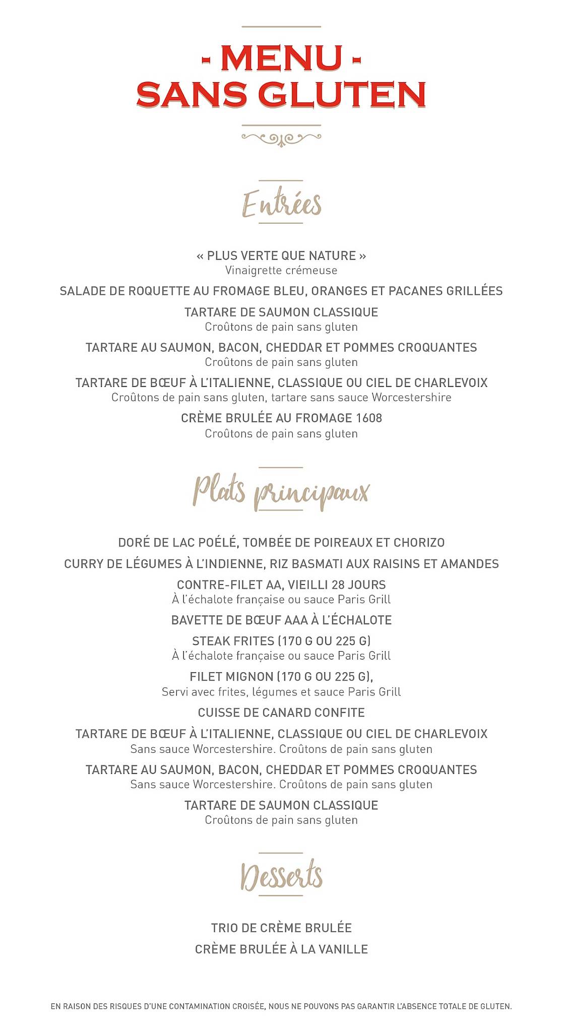 Menu au Paris Grill restaurant à viande, Québec, Bd Laurier