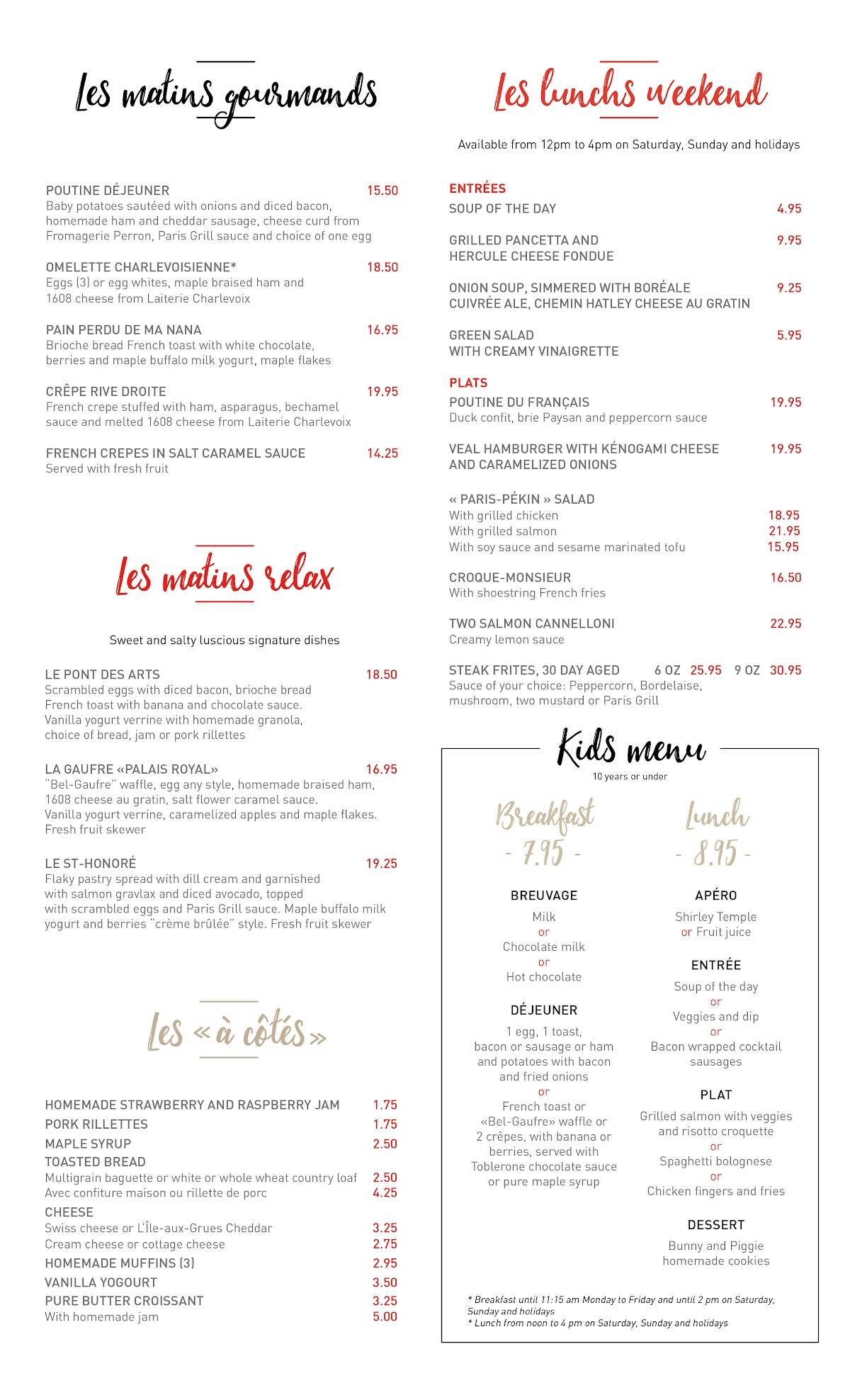 Menu au Paris Grill restaurant à viande, Québec, Bd Laurier