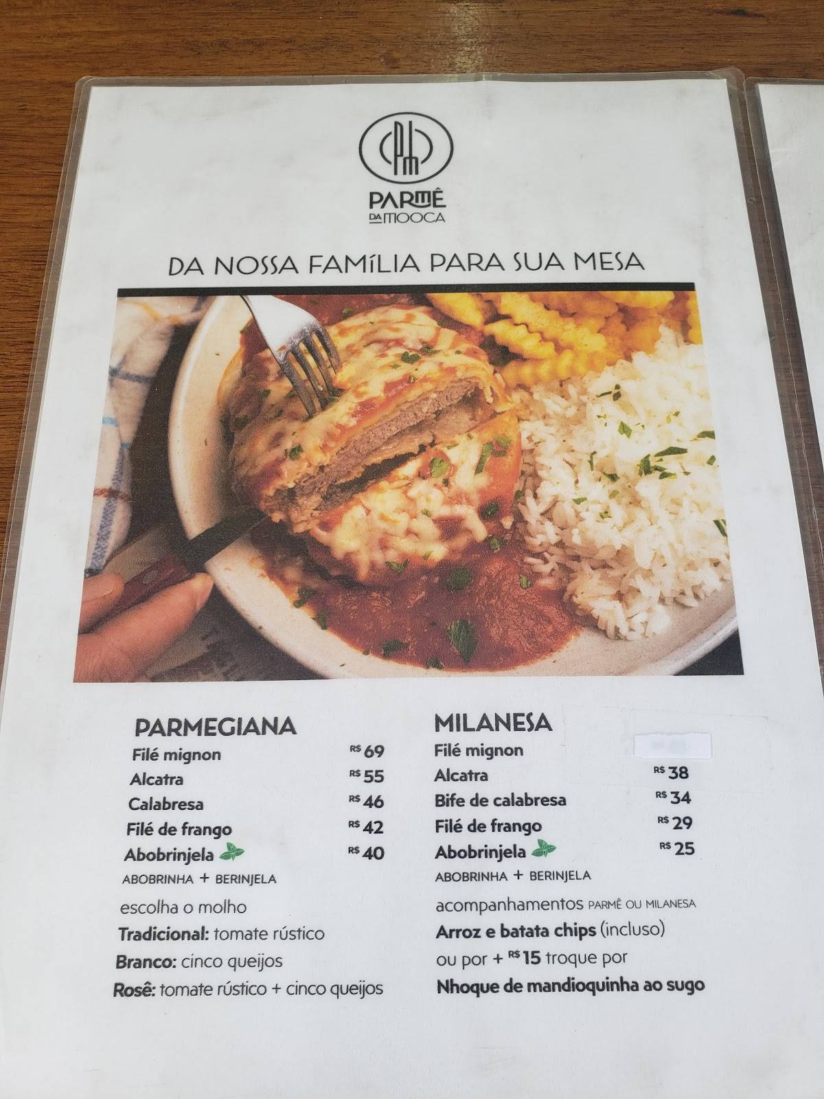 Parmê da Mooca cardápio